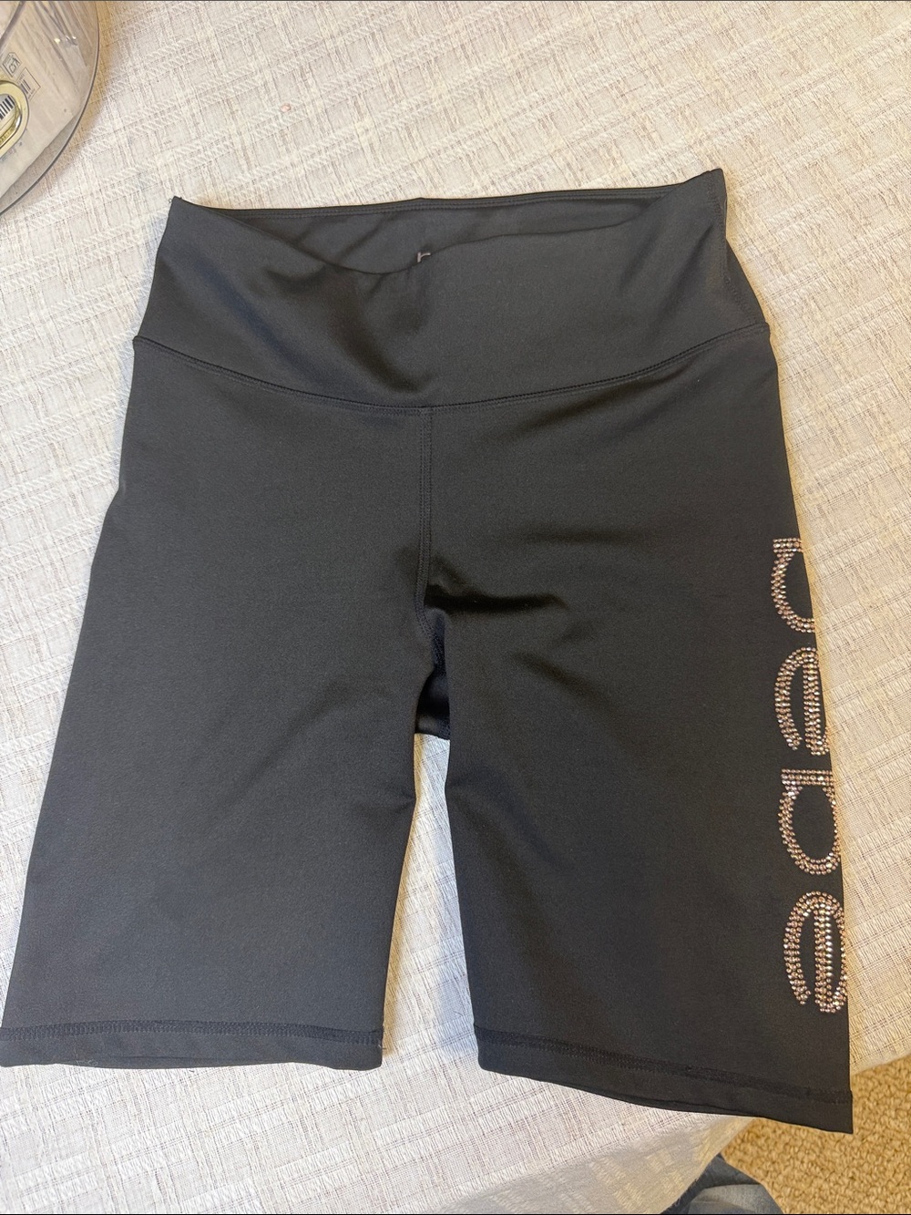 bebe Black High-Waist Athletic Bike Shorts with Crystal Side Logo